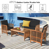 Tangkula Outdoor 4 PCS Acacia Wood Sofa Set w/Water Resistant Cushions, Padded Patio Seating Chat Set w/Coffee Table for Garden, Backyard, Poolside (1, Black) Tangkula