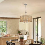 LynPon 17.7" Brushed Nickel Boho Rattan Chandeliers for Dining Room, 6-Light Seagrass Pendant Light Fixtures with Hand Woven Wicker Shade, Farmhouse Drum Chandelier for Living Room Kitchen Hallway LynPon