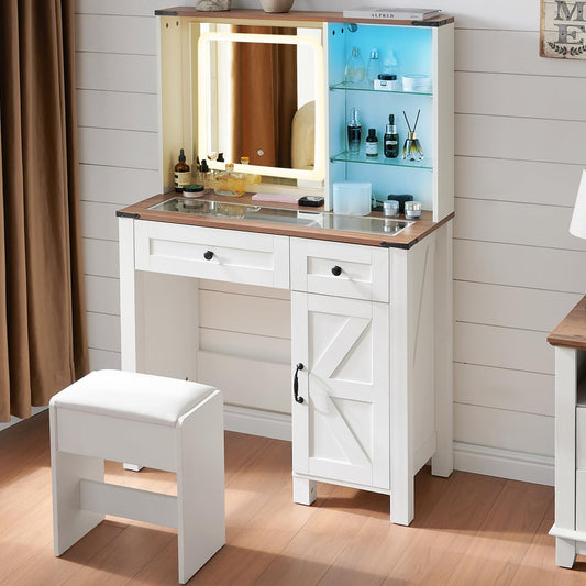 Vanity Desk with Mirror and Lights, Makeup Vanity Desk with Charging Station, Farmhouse Makeup Desk with 3 Adjustable Lighting Modes, Bedroom Vanity for Girls, Women