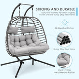Brafab Double Swing Egg Chair with Stand, Large Hand-Woven Wicker Rattan Hanging Egg Chair for 2 People, Porch Hammock Swing Loveseat with Thick Cushion and Sturdy Steel Stand for Indoor Outdoor Brafab