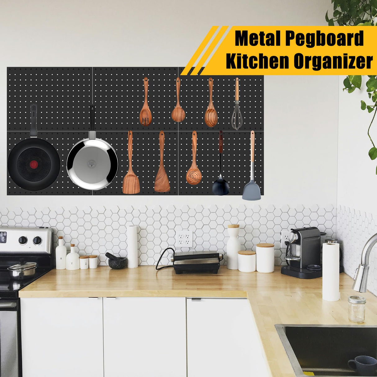 PBHEPJ 6 Pcs Metal Pegboard Panels, Heavy Duty Peg Boards for Garage and Garden Tool Storage, Includes Drywall Anchors and Screws Kits, Black (6 pcs 16in x 12in) PBHEPJ