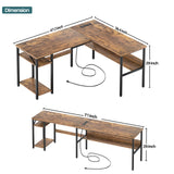 Unikito L Shaped Computer Desk with Magic Power Outlets and USB Charging Ports, Sturdy Reversible Corner Desk with Storage Shelves, Modern Work Desk for Home Office, Easy to Assemble, Rustic Brown Unikito