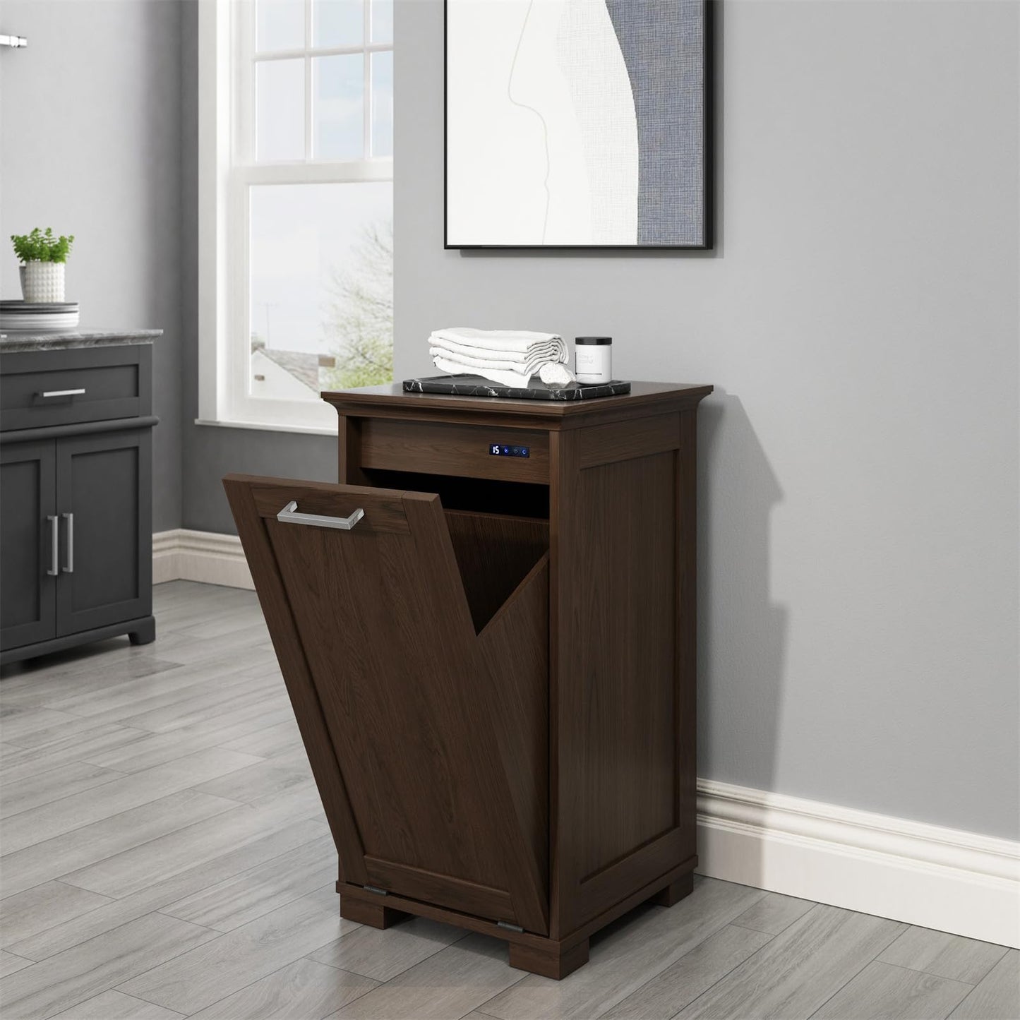 UpWiew Tilt Out Trash Cabinet Wooden, Single Door 10 Gallons, Dark Walnut - WoodArtSupply