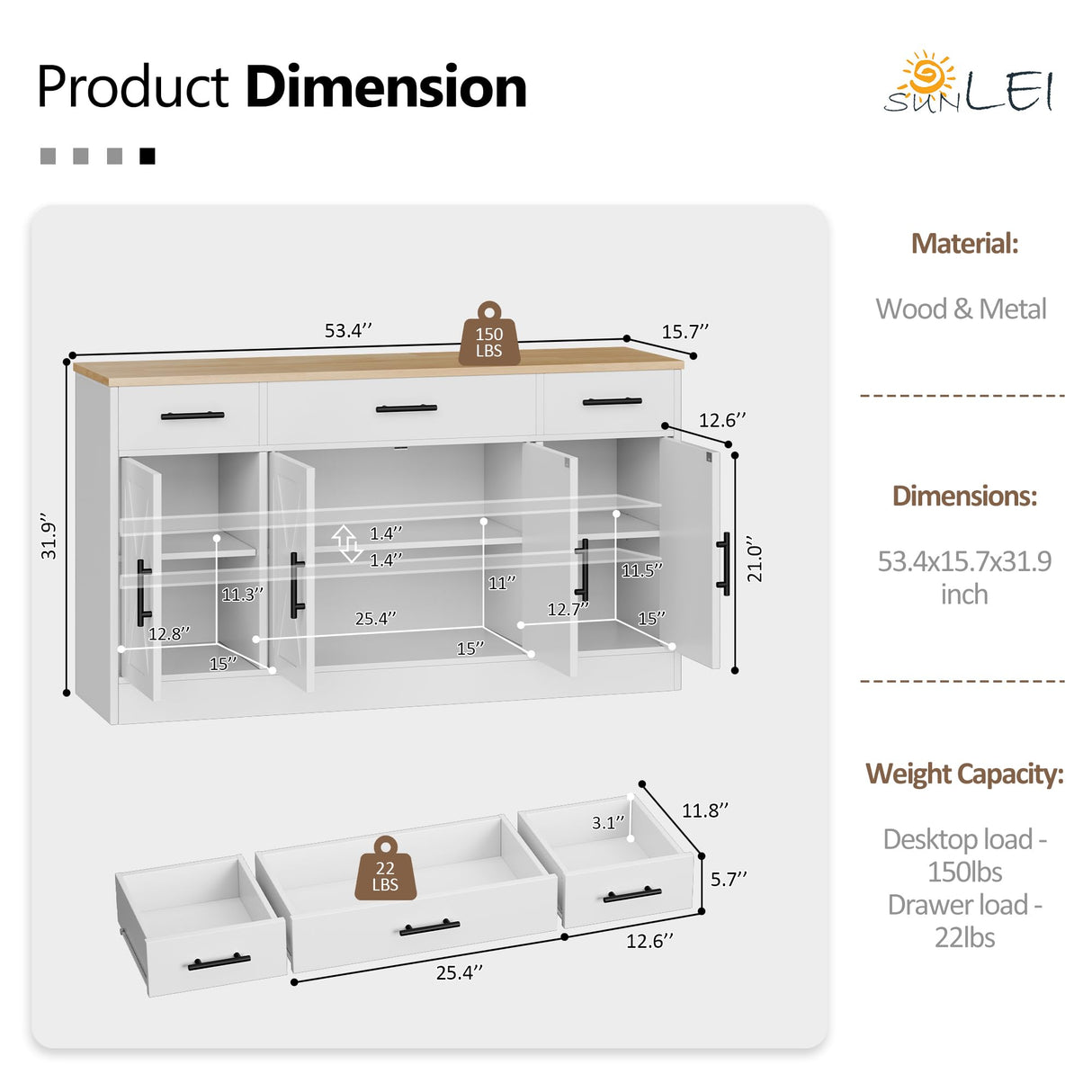 SUNLEI Buffet Cabinet with Storage, Farmhouse Storage Cabinet with 4 Doors and 3 Drawers, Coffee Bar Station Wood Buffet Table with Adjustable Shelf for Living Room, White SUNLEI