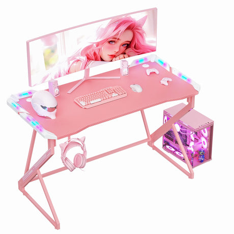 TIQLAB Small Gaming Desk with LED Lights, 40 Inch Computer Desk for Home Small Space, Gaming Table with Carbon Fiber Surface, PC Gamer Desk for Kids, Pink TIQLAB