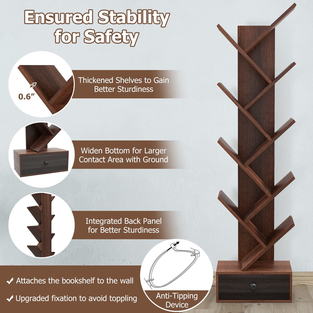 Giantex 10-Tier Tree Bookshelf with Drawer - 59" Freestanding Space Saving Wooden Bookcase, Retro Display Wood Storage Rack, Decorative Bookshelf with Storage for Living Room, Bedroom, Brown Giantex