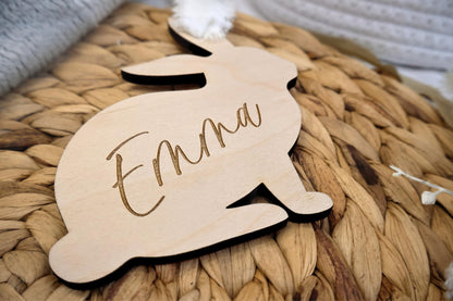 Personalized Easter Bunny Rabbit Basket Tag, Engraved Bunny-Shaped Wooden Placecard Name Tag For Kids - WoodArtSupply