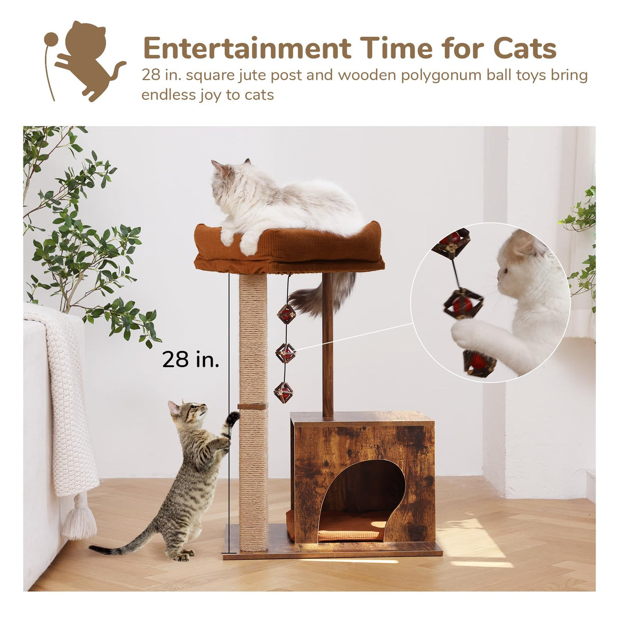 FUKUMARU Cat Scratching Post, Modern Style Cat Tree with Unique Square Post, Wooden Cat Tower with silvervine Balls, Retro Cat Condo Scratcher for Indoor Cats（Solid Wood） FUKUMARU