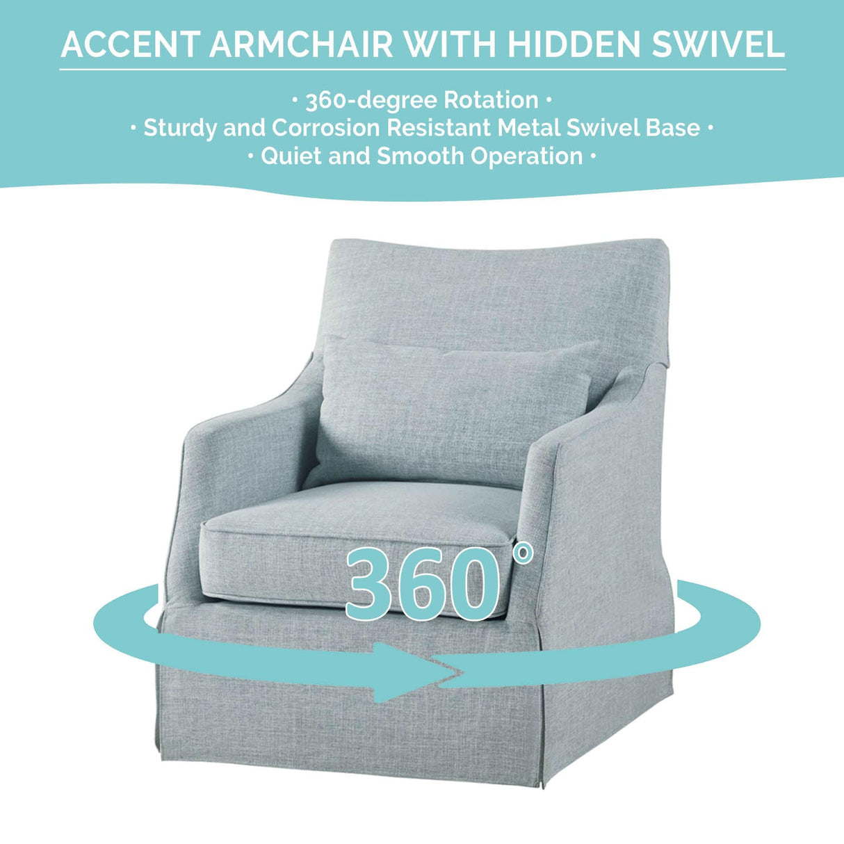 Martha Stewart London Swivel Chair - Solid Wood & Plywood, Skirted Metal Base Accent Armchair, Lumbar Pillow -Modern Classic Family Room Sofa Furniture Bedroom Lounge, 28"X31.5"X35.25", Light Blue Martha Stewart