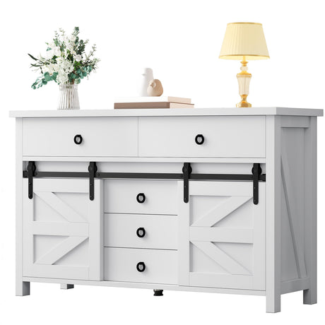 YITAHOME 54" Farmhouse Dresser for Bedroom, Large Modern Chest of Drawers, Wood Rustic Dresser TV Stand with 5 Drawers & 2 Sliding Barn Doors for Living Dining Room, Entryway, Hallway YITAHOME