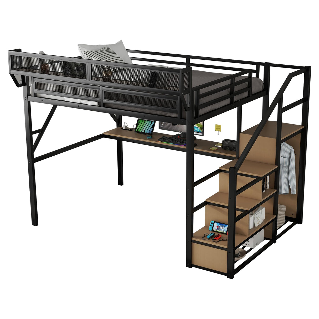 Queen Size Gaming Loft Bed with Stairs and Desk, Metal Loft Bed Frame with Bedside Shelf and Light, Heavy-Duty Adults Lofts Beds with Storage Wardrobe & Charging Station, Black Aurnienofus