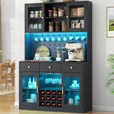 72" Tall Wine Bar Cabinet with Storage Hutch & Pegboard, Coffee Bar Cabinet with LED Lights, Modern Liquor Cabinets with 9-grid Wine & Glass Racks, Pantry Cabinet for Kitchen, Living Room (Black) Auromie