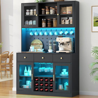 72" Tall Wine Bar Cabinet with Storage Hutch & Pegboard, Coffee Bar Cabinet with LED Lights, Modern Liquor Cabinets with 9-grid Wine & Glass Racks, Pantry Cabinet for Kitchen, Living Room (Black)