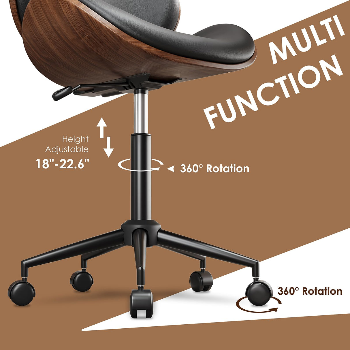 LUXOAK Ergonomic Home Office Desk Chair Set of 2, Mid-Century Modern Armless Chair with PU Leather/360°Swivel Wheels/Seat Height Adjustable for Office, Study, Black LUXOAK
