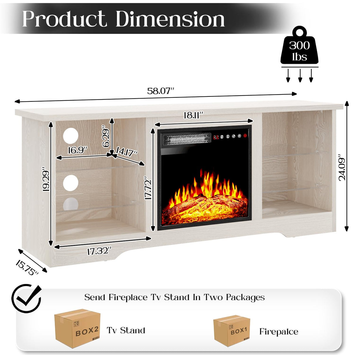 VITESSE 58 Inches Fireplace TV Stand for TVs up to 65 Inches Console with 18'' Electric Fireplace & Remote,Wooden Modern Entertainment Center for Living Room with LED Light Glass Shelves（Bei） VITESSE