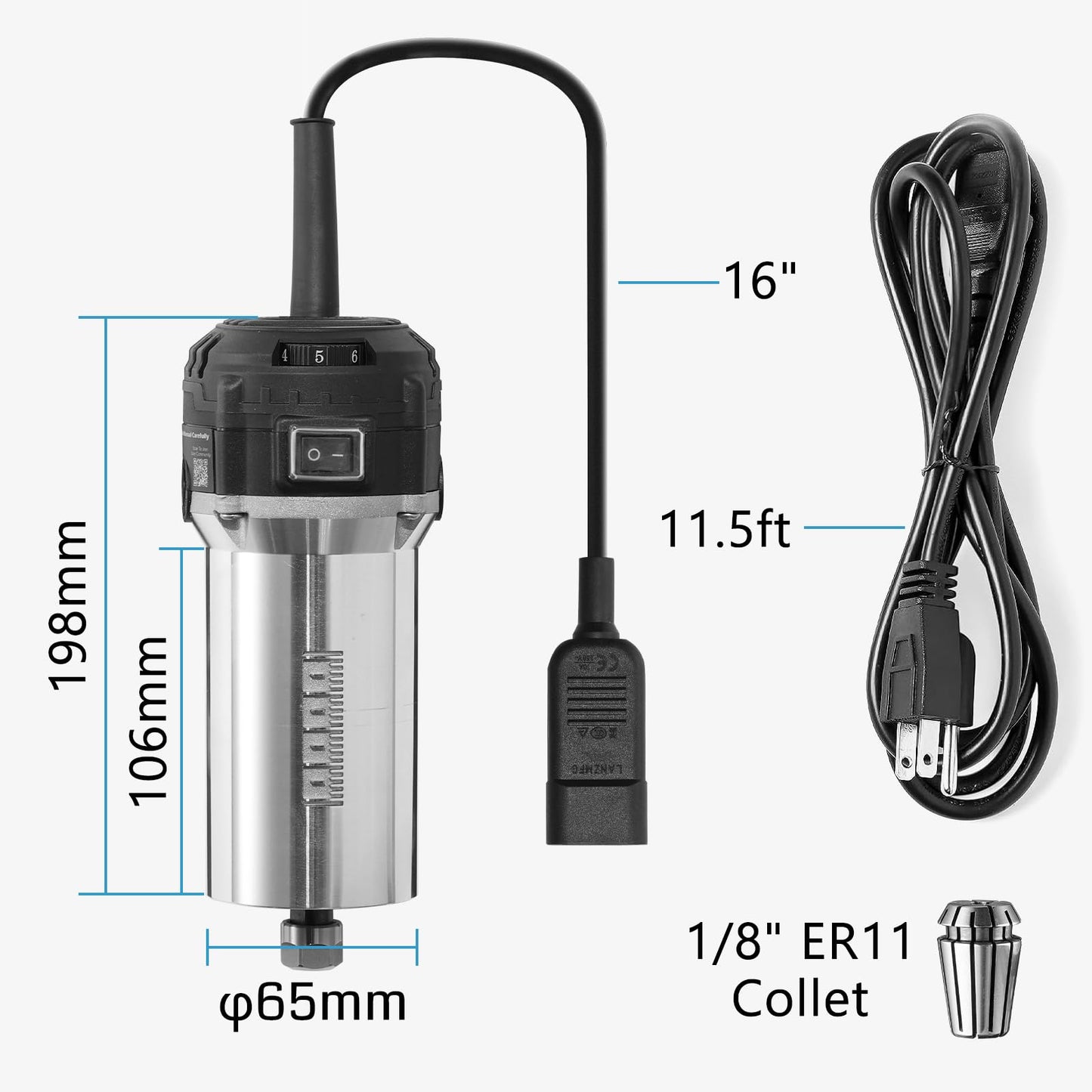 Genmitsu 710W Compact Router 65mm Diameter, 6 Variable Speeds Palm Trimmer Router, with ER11 Collet & 4 Carbon Brushes, Spindle Motor Upgrade for CNC Machines - WoodArtSupply