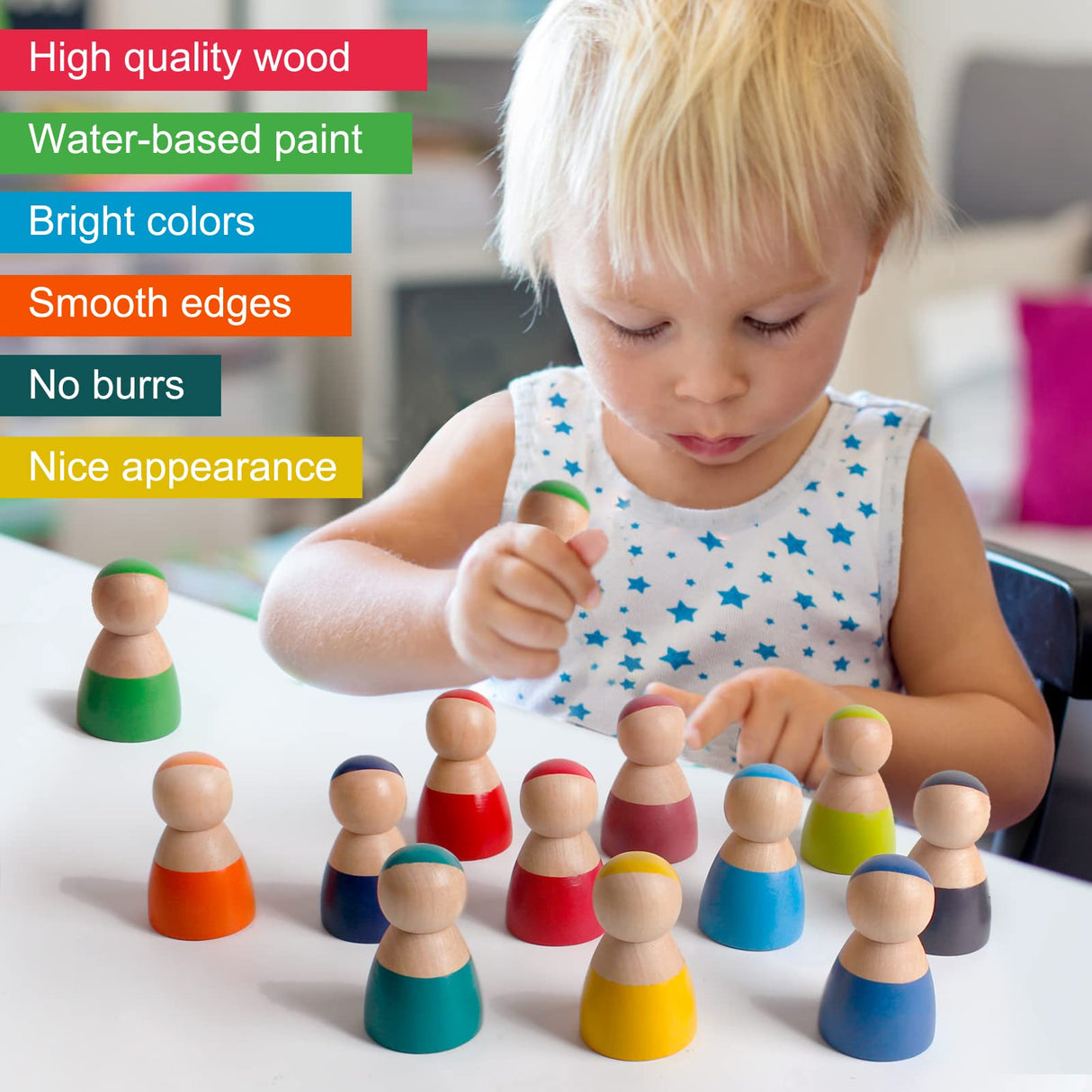 SHIERDU 12 PCS Rainbow Wood Peg Dolls Wooden Pretend Play People Figures for Toddlers Preschool Learning Educational Toys Wooden Toddler Toys for Boys Girls SHIERDU