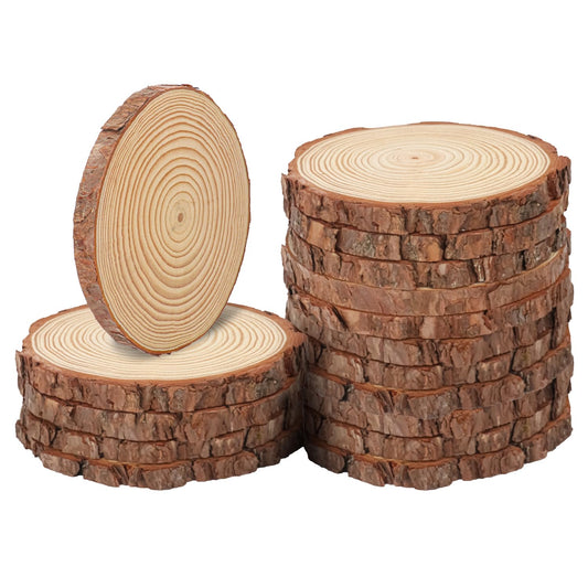 kukmakri 16 PCS Unfinished Wood Slices for Centerpieces, 6.3-7 Inch Natural Wood Slices with Tree Bark Pine and Wood Rounds Discs for DIY Crafts, Centerpieces, Art & Decor