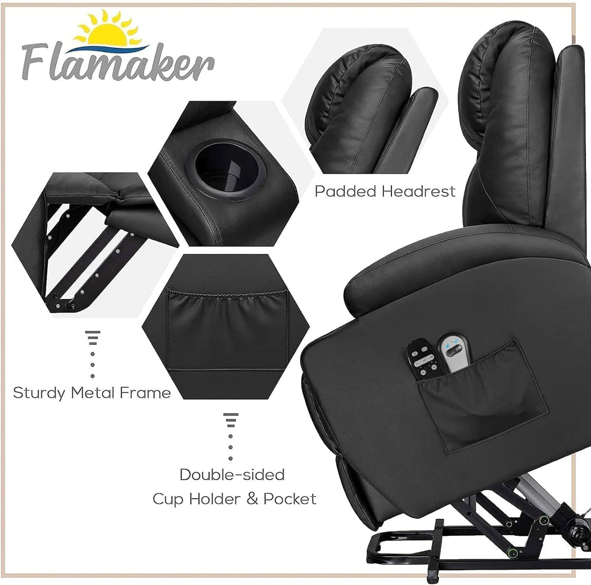 Flamaker Power Lift Recliner Chair with Vibration Massage for Elderly Ergonomic Lounge Chair Classic Single Sofa with Cup Holders Side Pockets for Living Room (Black) Flamaker