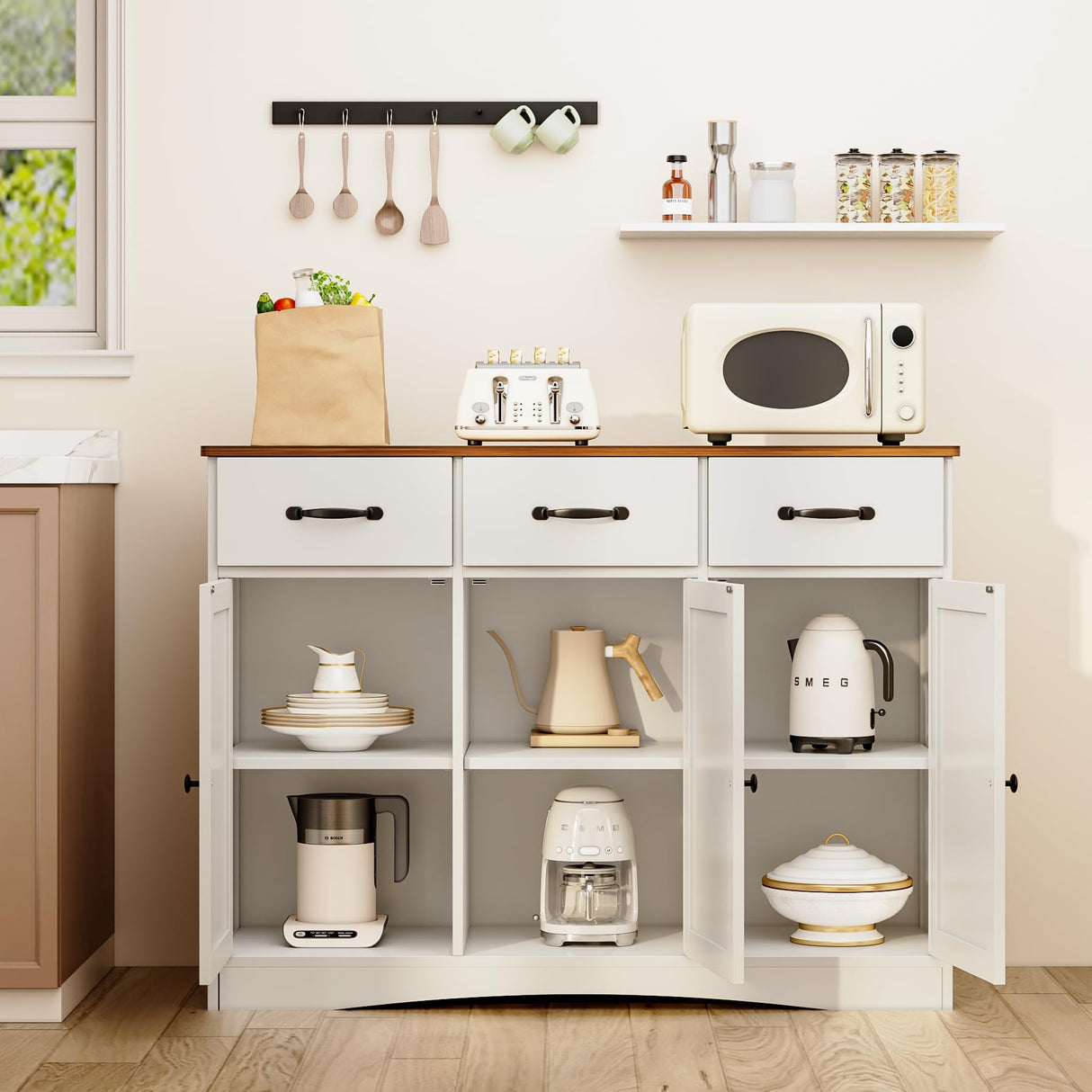 Gizoon Farmhouse Storage Cabinet with 3 Drawers, Wood Buffet Sideboard with Adjustable Shelf, Large Cupboard for Kitchen, Dining Room, Living Room, Entryway, Retro Gizoon