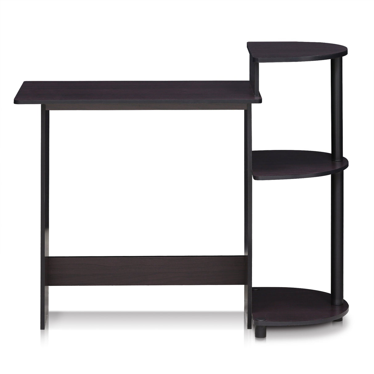 Furinno Compact Computer Desk with Shelves, Round Side, Dark Walnut Furinno