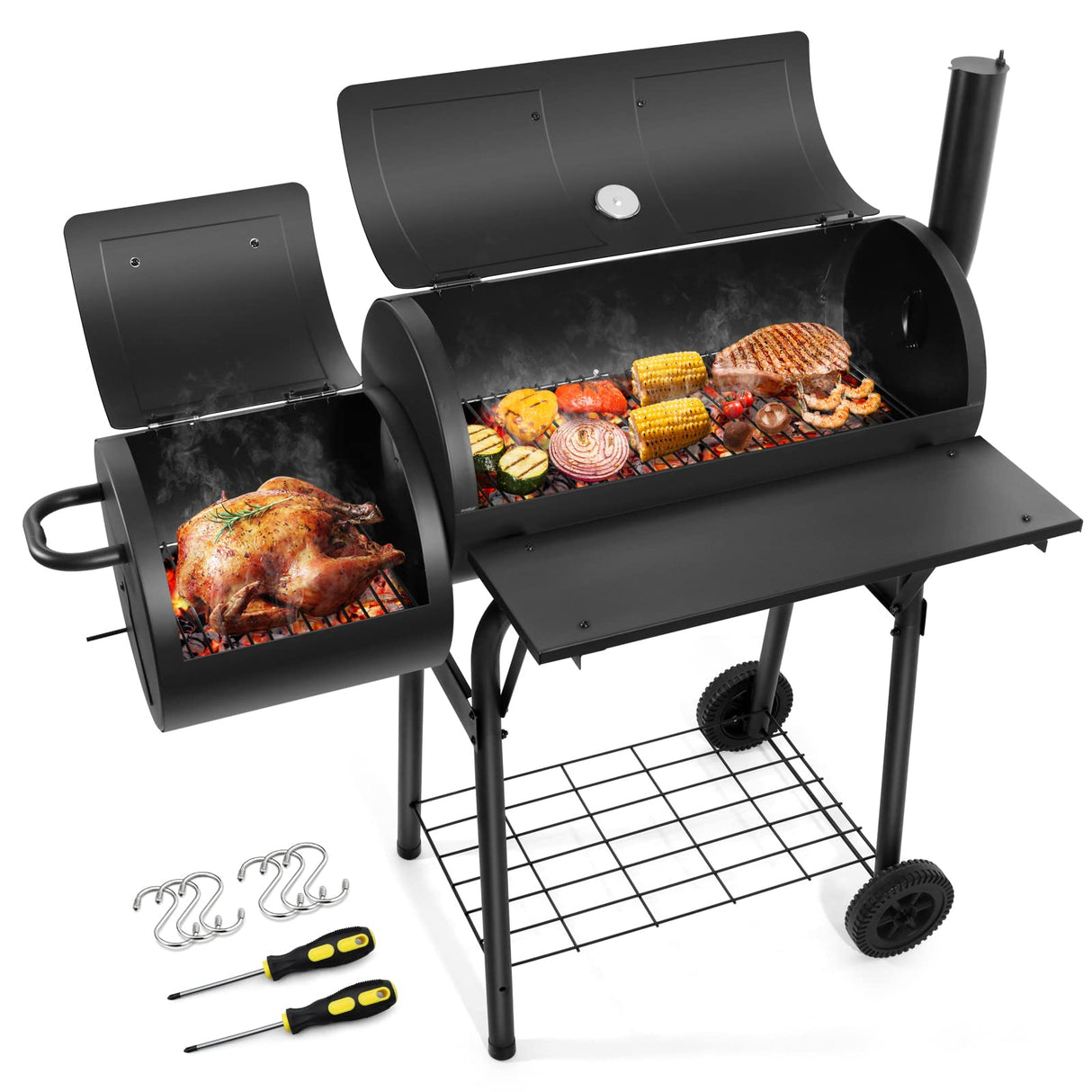 HaSteeL Charcoal Grill with Offset Smoker, Outdoor Barrel BBQ Grill, Camping Barbecue Grill for Patio Backyard Garden Party Picnic, Large 420.SQ.IN Cooking Area, 2 Screwdrivers & 6 Hooks - Black HaSteeL