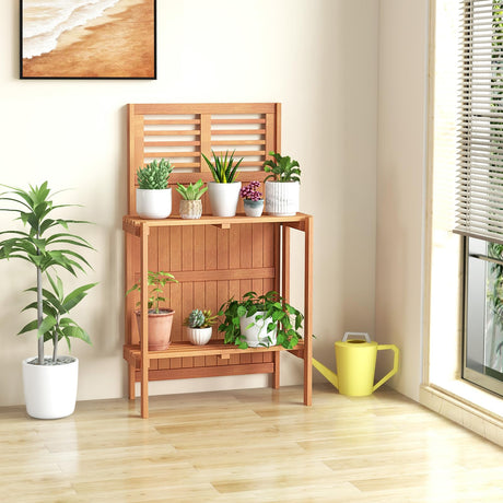 Toolsempire Garden Potting Bench Table, Folding Potting Bench Outdoor Workstation with Trellis & 2-Tier Shelves, Wood Potting Table for Outdoor, Deck, Balcony, Garden, Backyard Toolsempire