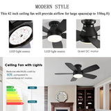 JSAITEE Ceiling Fans with Lights, 42 Inch Low Profile Ceiling Fan with Light and Remote/App Control, Flush Mount, Reversible, 3CCT, Dimmable, Noiseless, Black Ceiling Fan for Indoor/Outdoor Use JSAITEE