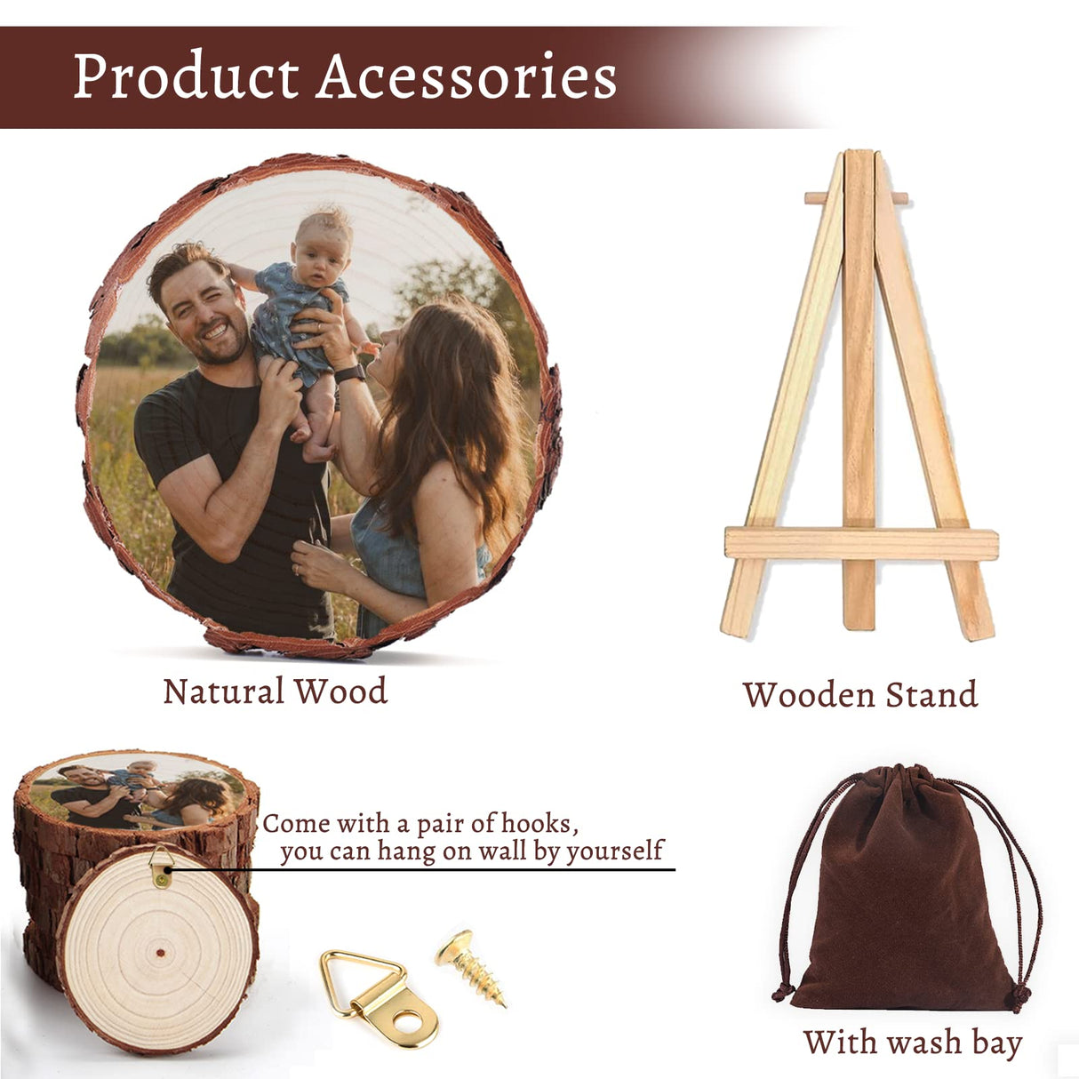 EAQ Custom Photo Printing on Wood Slice Personalized Picture Frame Album, Customized Picture Wood Frames with Bracket Wooden Craft Ornaments Gifts EAQ