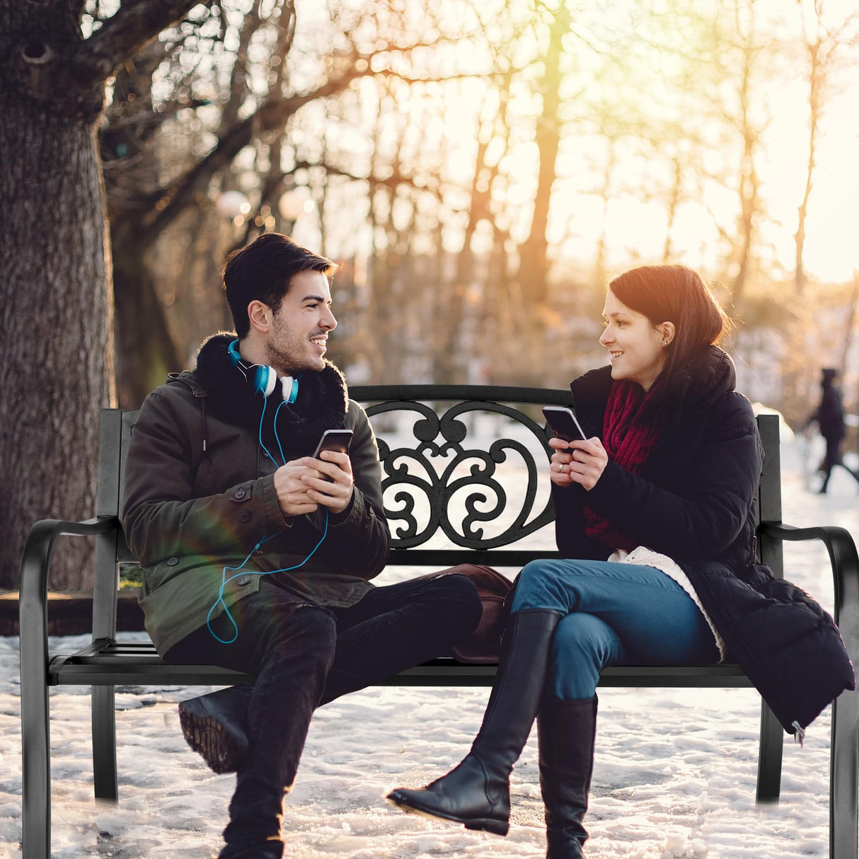 Outvita Outdoor Bench, 50" Metal Frame Garden Bench Patio Porch Furniture with Plastic Floral Design Backrest Powder-Coated Chair Yard Entryway Deck Furniture Outvita