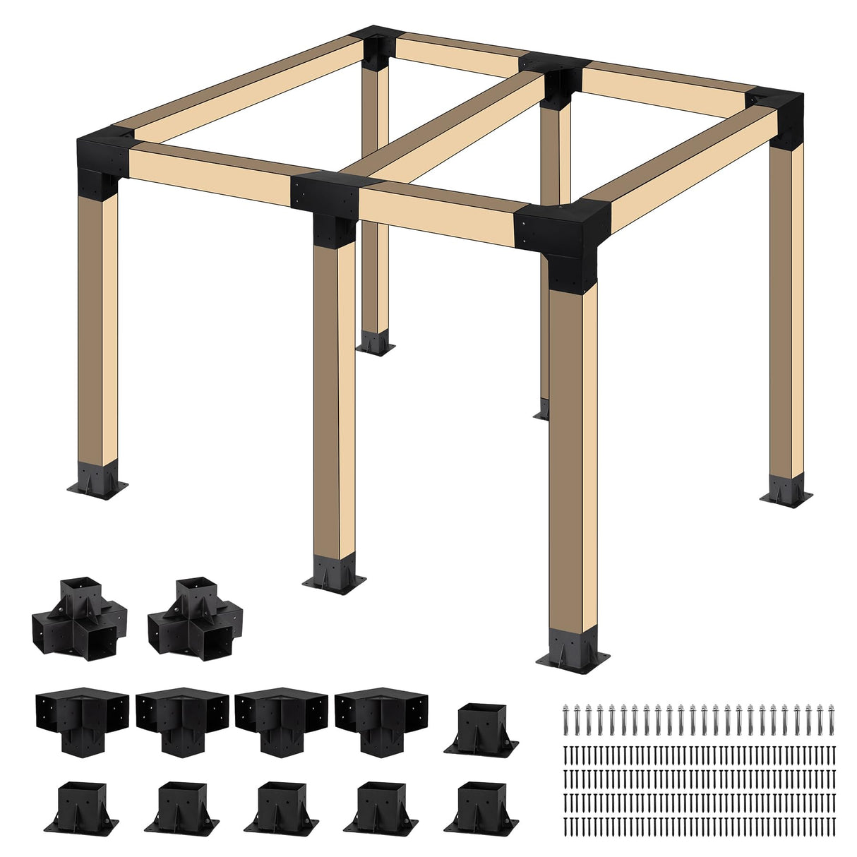 Neorexon Pergola Bracket Kit Elevated Wood Stand Kit Woodwork 4" x 4" (Actual 3.5" x 3.5"), Solid Steel DIY Pergola Hardware Kit, 6PCS Base Bracket & 4PCS 3-Way Corner Bracket & 2PCS 4-Way Bracket Neorexon