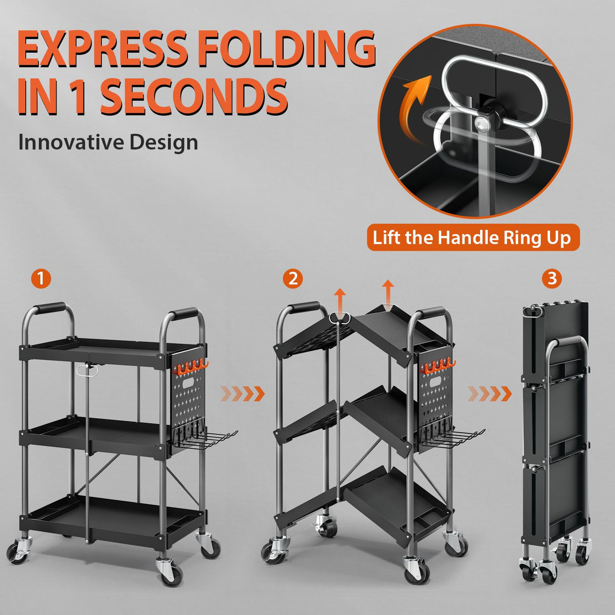 KINGRACK 3 Tier Rolling Tool Cart with Wheels and Ergonomic Handle, Heavy Duty Foldable Utility Service Cart with Organizer Shelf, Multifunctional Storage Organizer, Practical for Home, Office, Garage KINGRACK