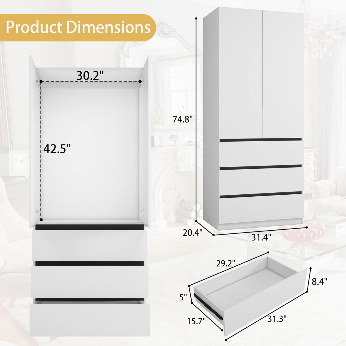 LABROSKIA Bedroom Armoire Wardrobe Closet with 6 Drawers: White Wardrobe Closet with 4 Doors, Modern Cabinet for Clothes with Shelves, Wooden Armoire for Hanging Clothes (Modern, 2) LABROSKIA