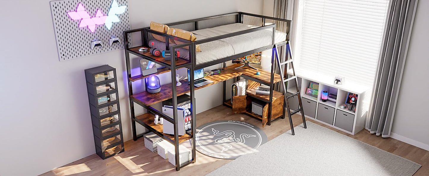 Metal Twin Size Loft Bed with Built-in Work Station and Charging Station,Loft Bed Frame with LED and Multiple Storage,Space Saving Twin Size Loft Bed for Bedroom. （Black