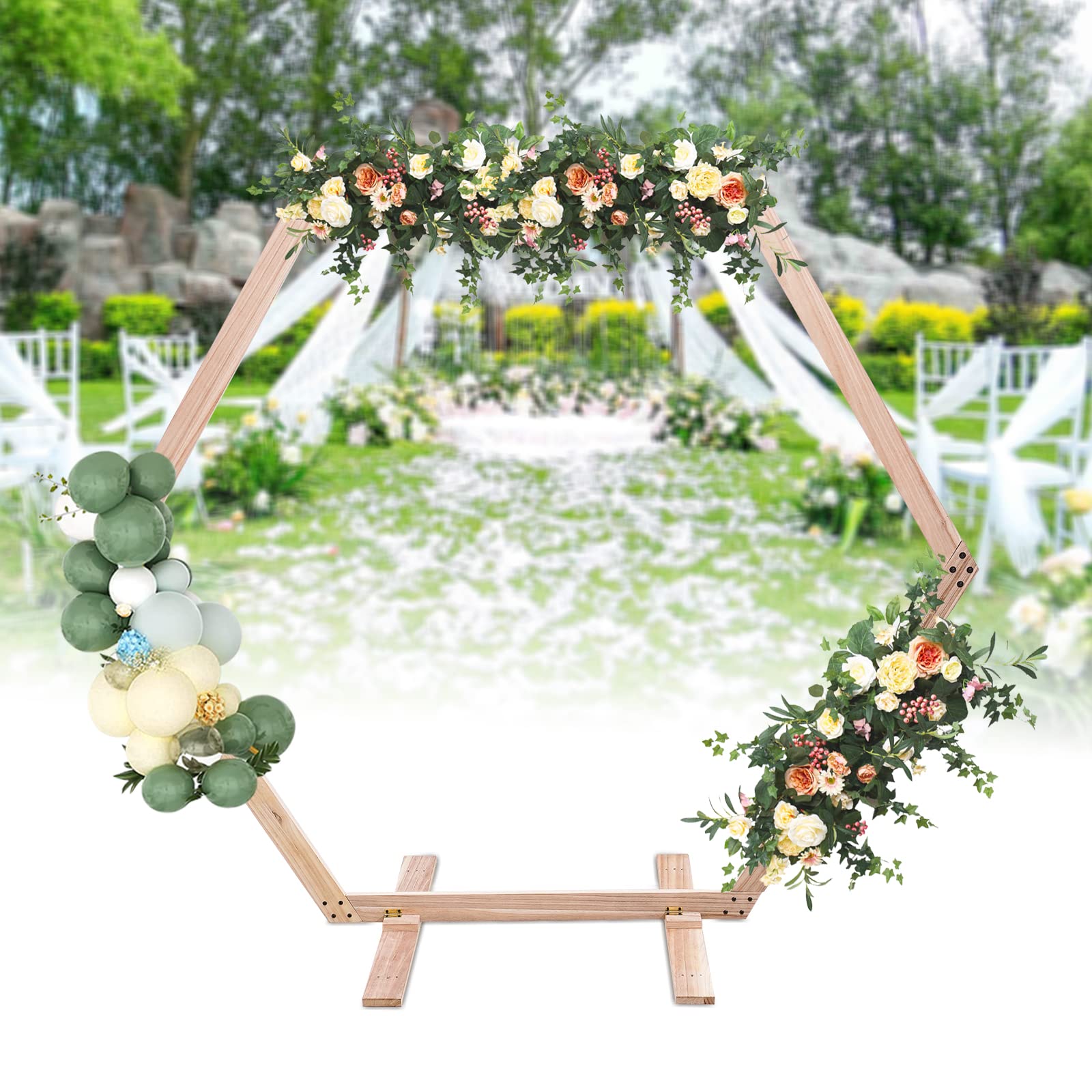 Wooden Wedding Arch for Ceremony, 2.33 * 2.25m/7.6 * 7.4ft Hexagon Backdrop Arch Stand for Wedding Ceremony Gorgeous Wedding Arbor Rustic Arch Decorations for Garden Wedding, Partie - WoodArtSupply