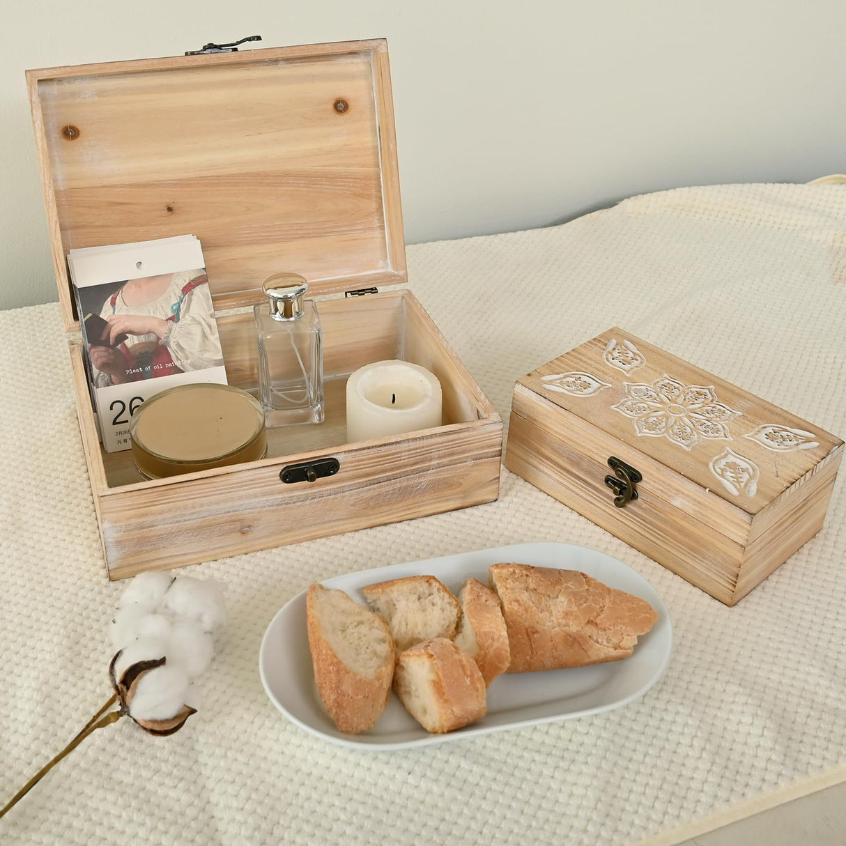 DECOR4SEASON Rustic Farmhouse Wooden Box Set of 2, Handcrafted Pine Wood with Hinged Lid and Intricate Mandala Carved Design for Home Decor DECOR4SEASON