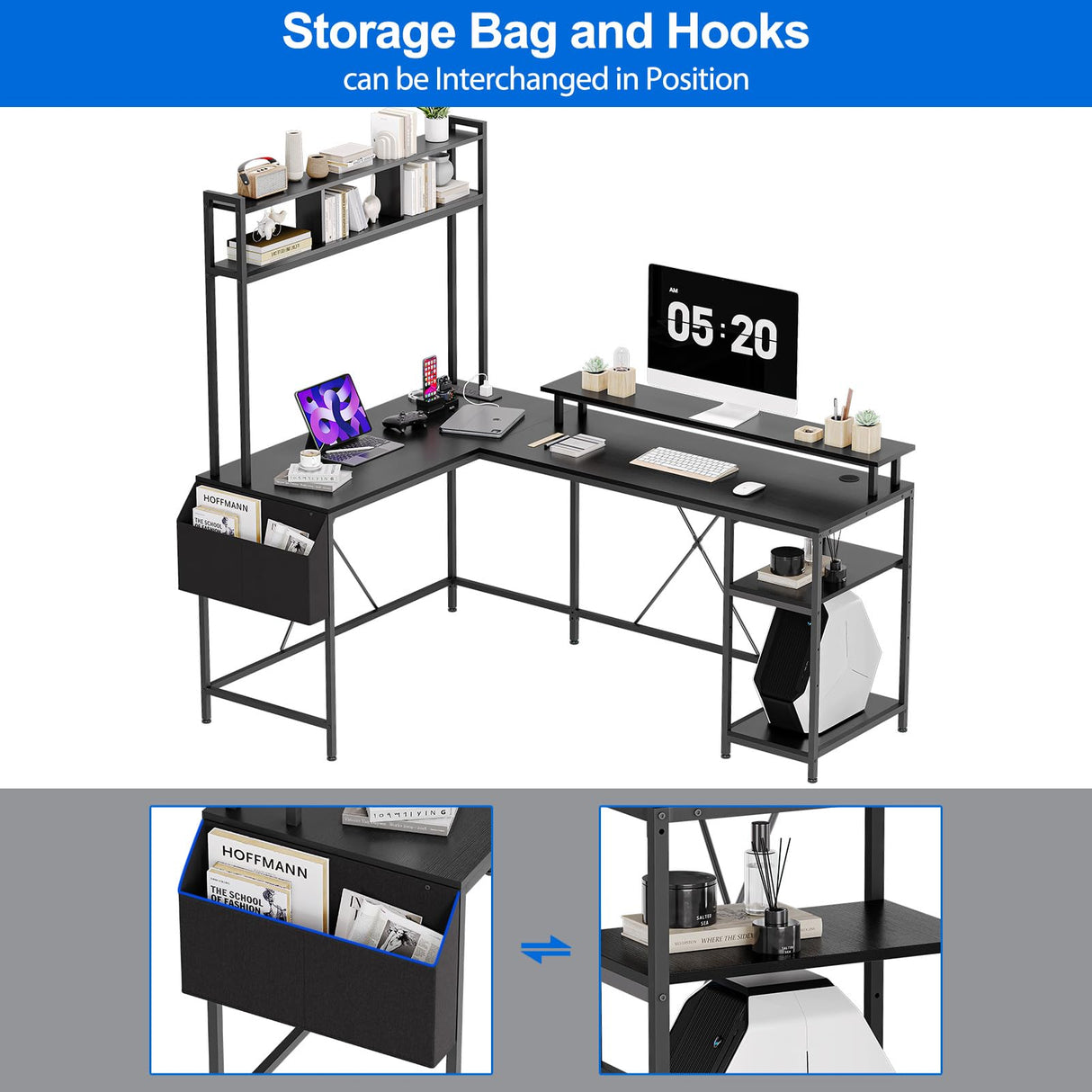 ElectraSpeedy L Shaped Gaming Desk, Reversible Corner Desk with Hutch, Power Outlets, LED Strip, Monitor Stand, Storage Shelves, and Side Storage Bag for Home Office (Black) ElectraSpeedy