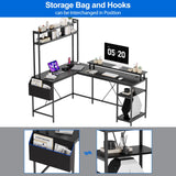 ElectraSpeedy L Shaped Gaming Desk, Reversible Corner Desk with Hutch, Power Outlets, LED Strip, Monitor Stand, Storage Shelves, and Side Storage Bag for Home Office (Black) ElectraSpeedy
