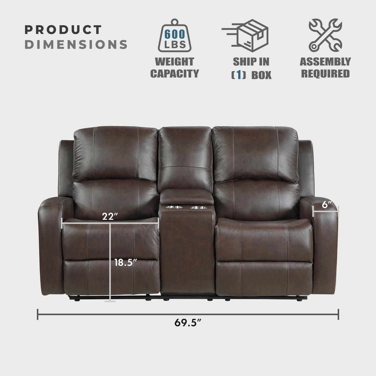 Lexicon Manual Double Reclining Loveseat with Center Console, Top Grain Leather Match Wall Hugger Recliner Loveseat, Storage, Cup Holders, High Density Foam Over Pocket Coils, for Living Room, Brown Lexicon