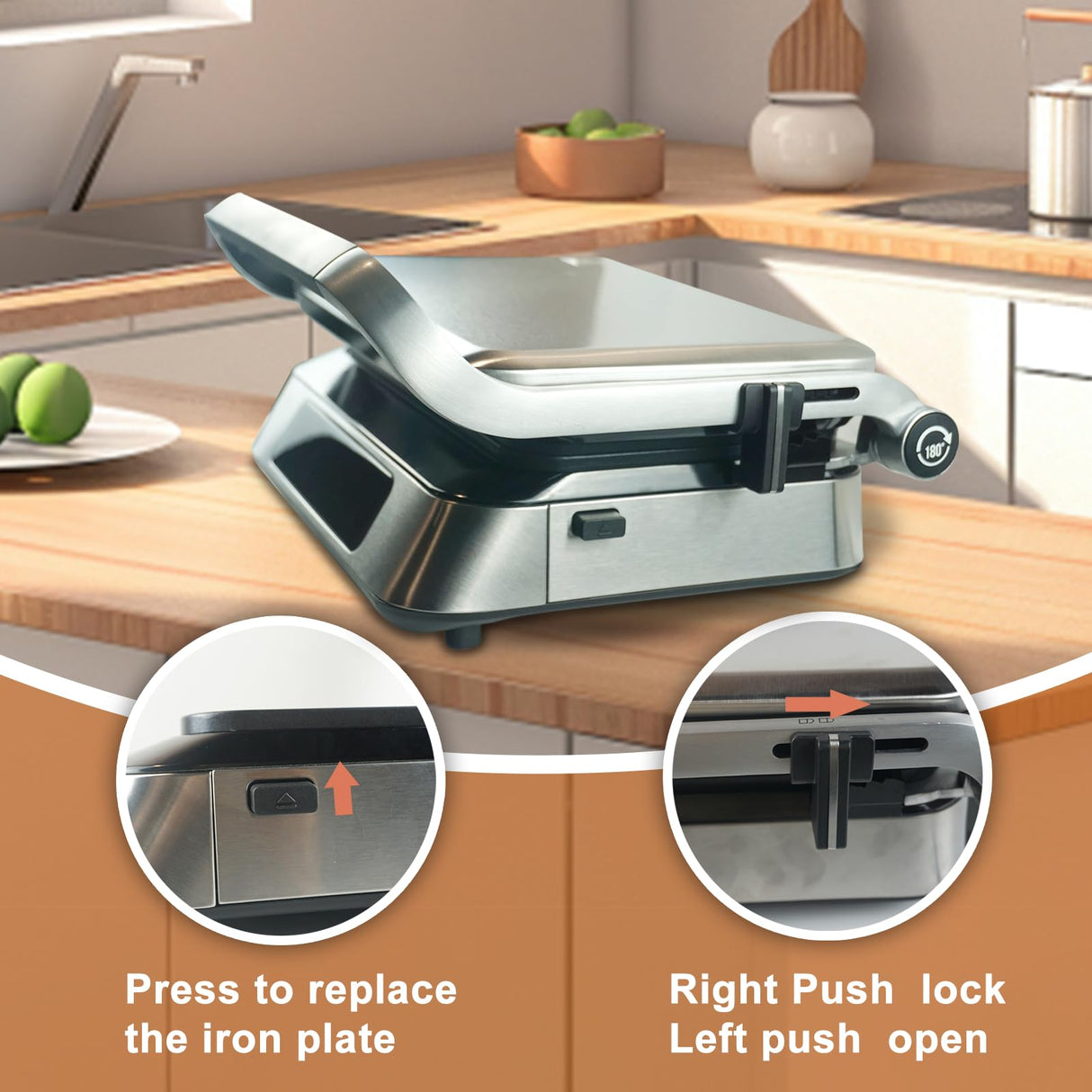 Panini Grill Press Sandwich Maker – Smokeless Indoor Grill with 2 Removable Ceramic Non-Stick Plates, 6 Cooking Functions, 1600W, 180° Reversible Grill Plate (Black) MOULIS