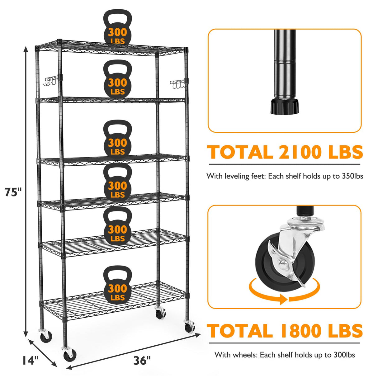 BolDuck 6 Tier Storage Shelves with Wheels, 2100lbs Capacity Heavy Duty Shelving Units, 14x36x75inch Adjustable Metal Shelf Wire Shelving Rack for Garage, Kitchen, Office, Black BolDuck