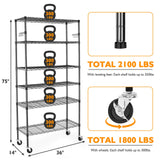 BolDuck 6 Tier Storage Shelves with Wheels, 2100lbs Capacity Heavy Duty Shelving Units, 14x36x75inch Adjustable Metal Shelf Wire Shelving Rack for Garage, Kitchen, Office, Black BolDuck