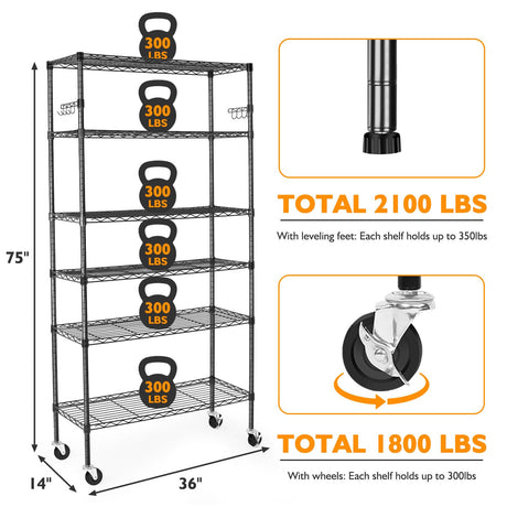 BolDuck 6 Tier Storage Shelves with Wheels, 2100lbs Capacity Heavy Duty Shelving Units, 14x36x75inch Adjustable Metal Shelf Wire Shelving Rack for Garage, Kitchen, Office, Black BolDuck