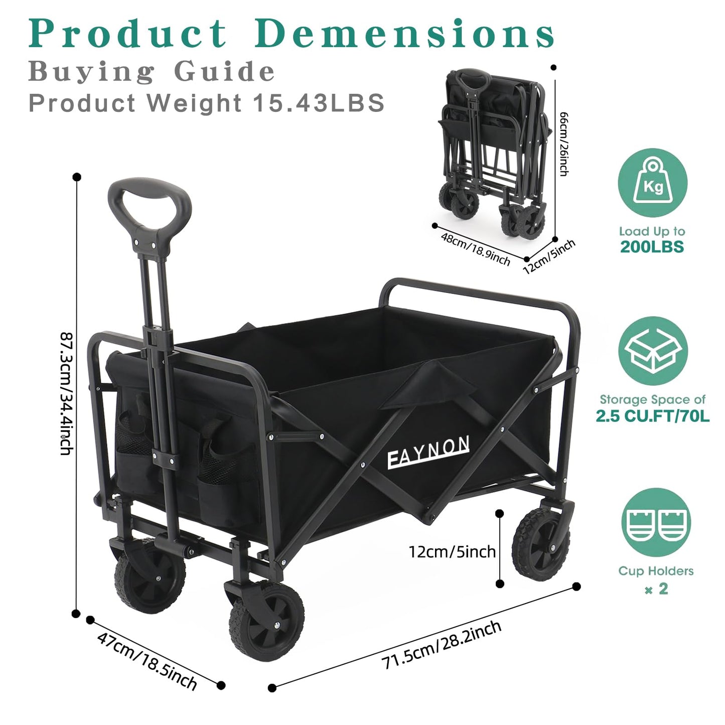 EAYNON Collapsible Folding Wagon Cart, Beach Wagon Cart, Heavy Duty with Universal Wheels & Adjustable Handle, with 200lbs Weight,for Camping, Shopping, Sports, Garden and Beach,Black