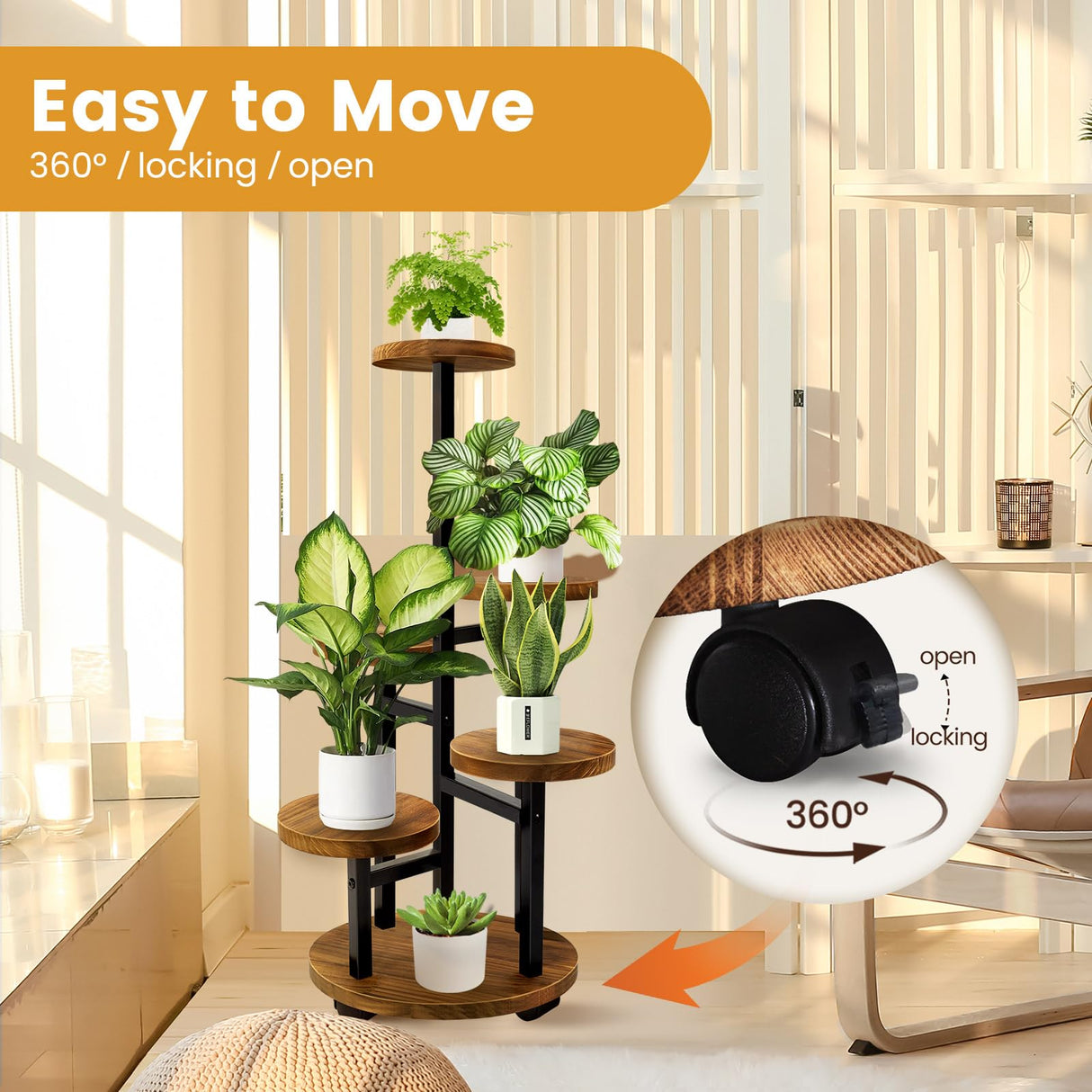 GEEBOBO 5 Tier Plant Stand With 4 Wheels, Metal Wood Tall Plant Stands For Indoor Plants Multiple, Corner Tiered Flower Plants Shelf Stand for Living Room Bedroom, Brown GEEBOBO