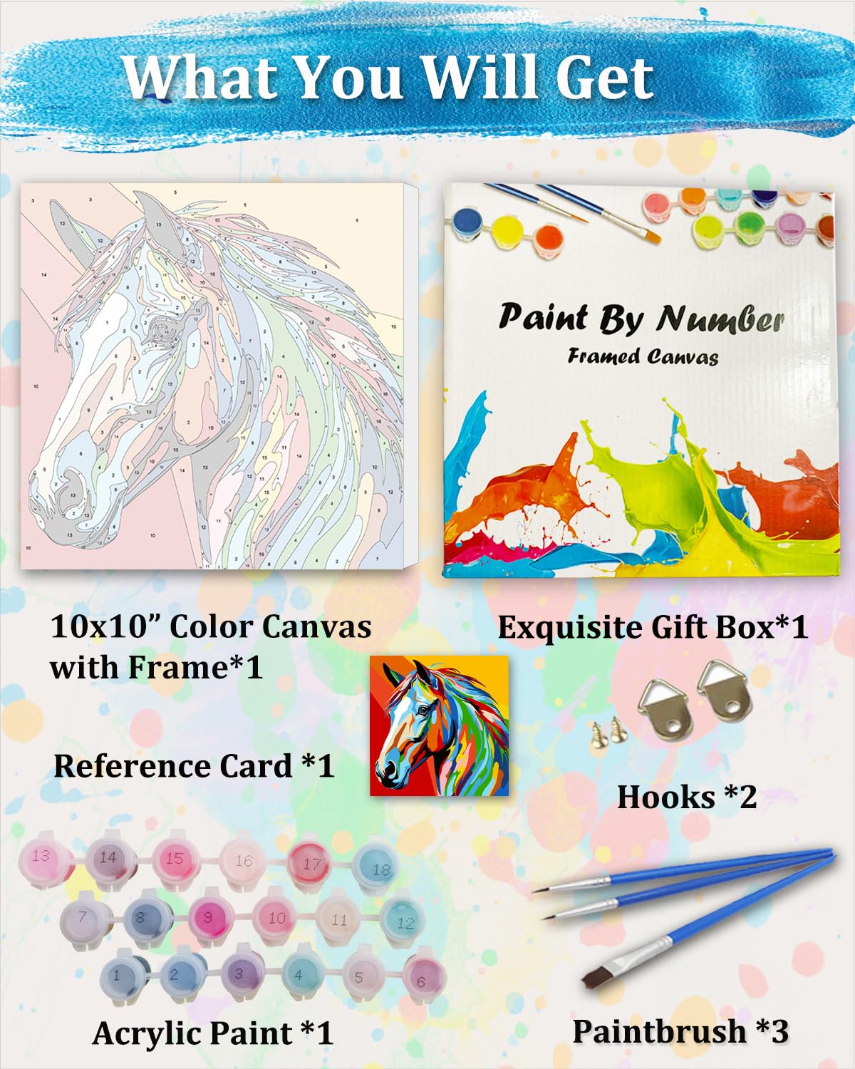 TOCARE Framed Paint by Numbers Kit for Adults, Horse Paint by Numbers with Frame,Simple Oil Horse Paint by Number Framed for Adults Beginner & Kids Ages 8-12(10x10 Inch, Without Easel) TOCARE