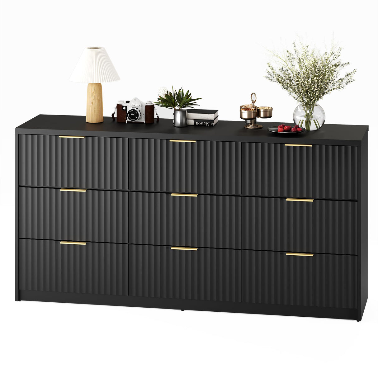 Fluted Dresser for Bedroom, 9 Drawer Dresser, Large Capacity & Anti-Tip, Modern Chest of Drawers with Metal Handles, Wooden Dressers Closet Storage Organizer for Living Room Hallway Entryway GarveeHome