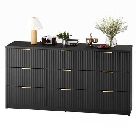 Fluted Dresser for Bedroom, 9 Drawer Dresser, Large Capacity & Anti-Tip, Modern Chest of Drawers with Metal Handles, Wooden Dressers Closet Storage Organizer for Living Room Hallway Entryway GarveeHome