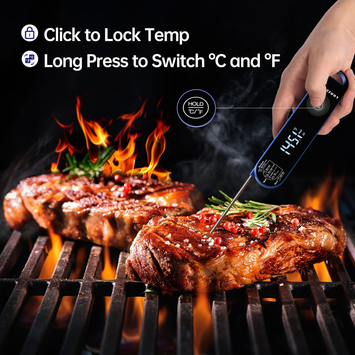 Lonicera Professional Meat Thermometer for Cooking. Instant Read Less Than 0.6 Sec, ±0.5℉ Accuracy with Thermocouple Tech. IP67 Waterproof Design, Ambidextrous VA Display, Auto Wake up (Blueberry) LONICERA
