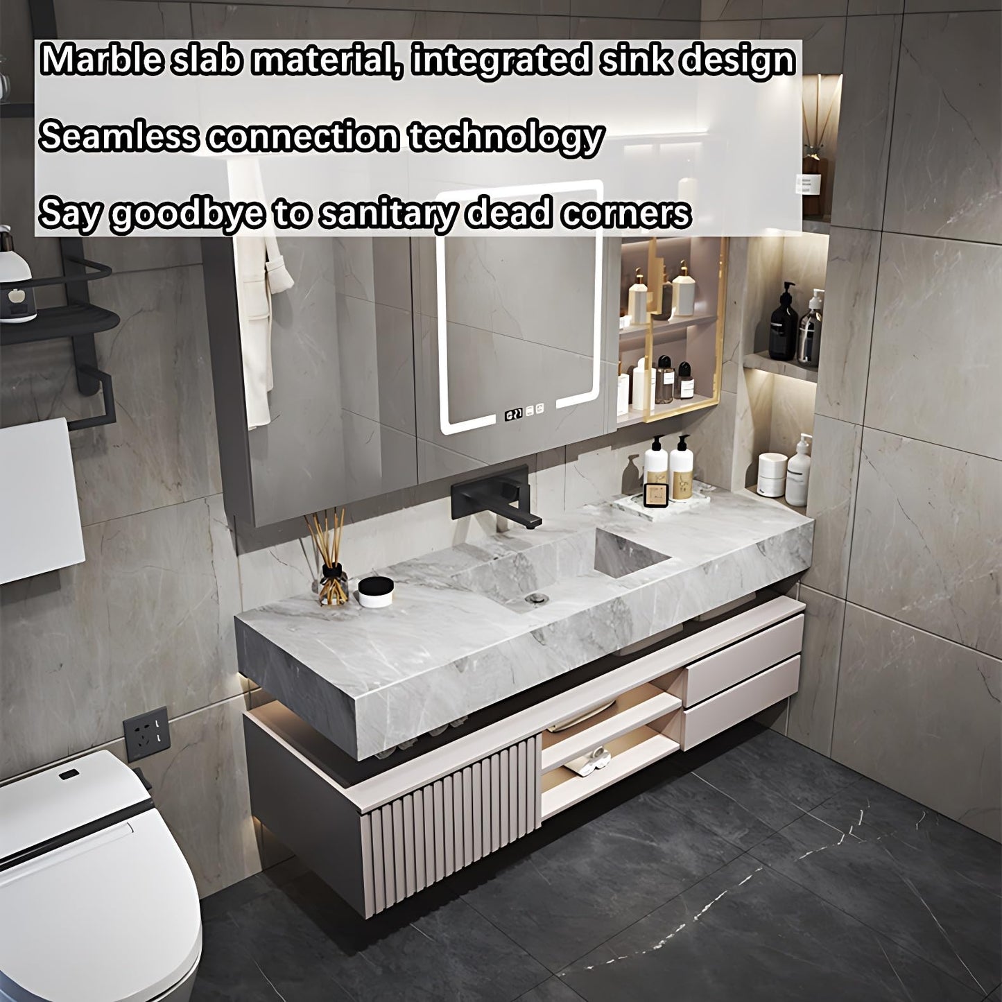 ZGNBSD Bathroom Vanity with Sink - Modern Floating Bathroom Vanity | LED Smart Medicine Cabinet Included | Multi-Layer Solid Wood Bathroom Vanity | Wall-Mounted Installation (White, 50")